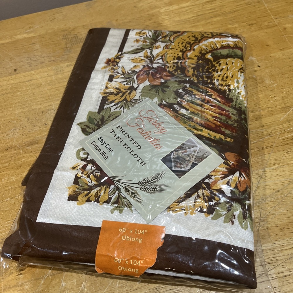 Vtg Benson Mills Thanksgiving 60x104" Cotton Jacquard Tablecloth Turkey Pumpkins